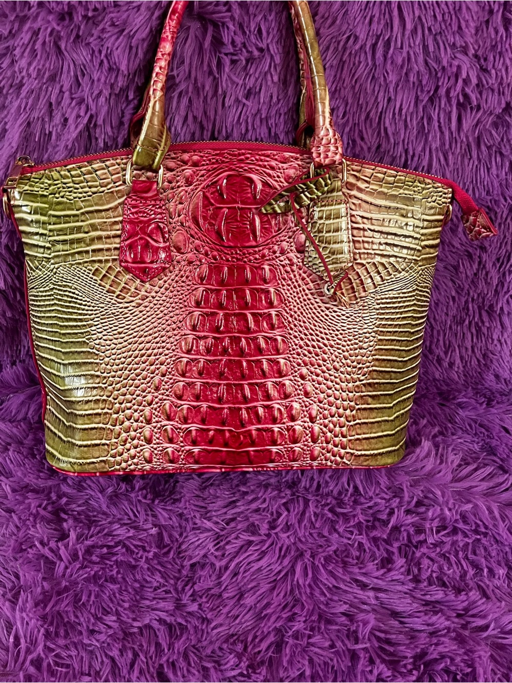 Red and Olive Croc-Embossed Satchel Bag - Picture 2 of 5